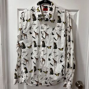 Devils Advocate Animal Print Button-Down Shirt‎ w/Giraffes, Butterflies SZ M